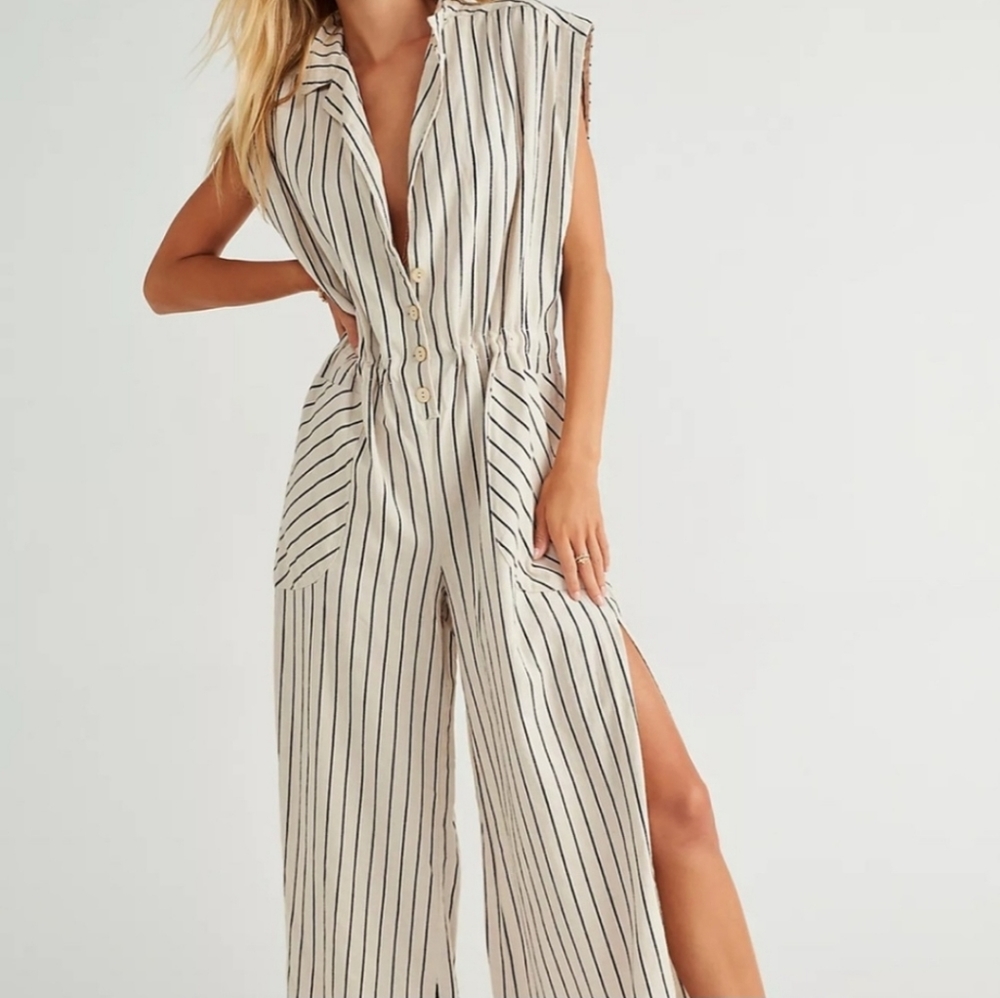 Free People Beach Town Linen Striped One Piece